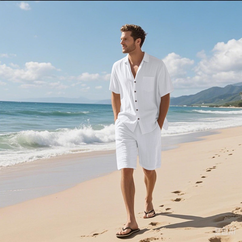 Linen Shorts Men - Conjunto de Camisa y Pantalones Cortos